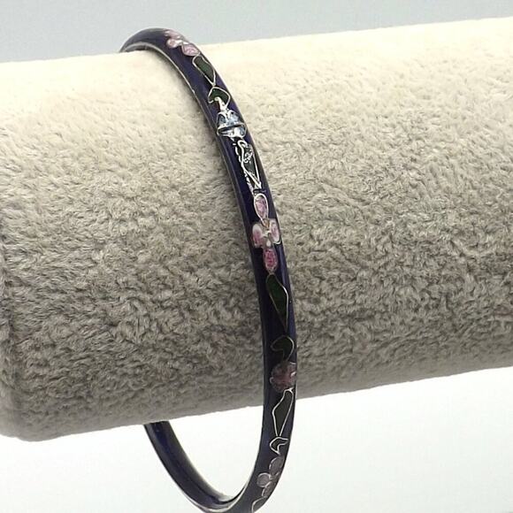 Vintage Cloisonne Floral Bangle Bracelet, Dark Blue Enamel, 7 3/4 Inch, 1960s - Picture 8 of 12